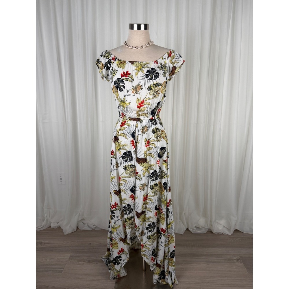 Tropical Floral Off-the-Shoulder High-Low Maxi Dress Women White Multi Size XS
